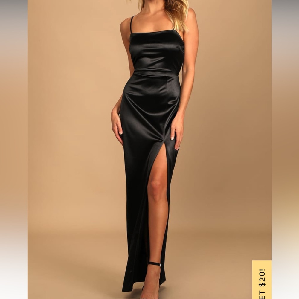 Black satin lulus meant to be romanced maxi dress size small.